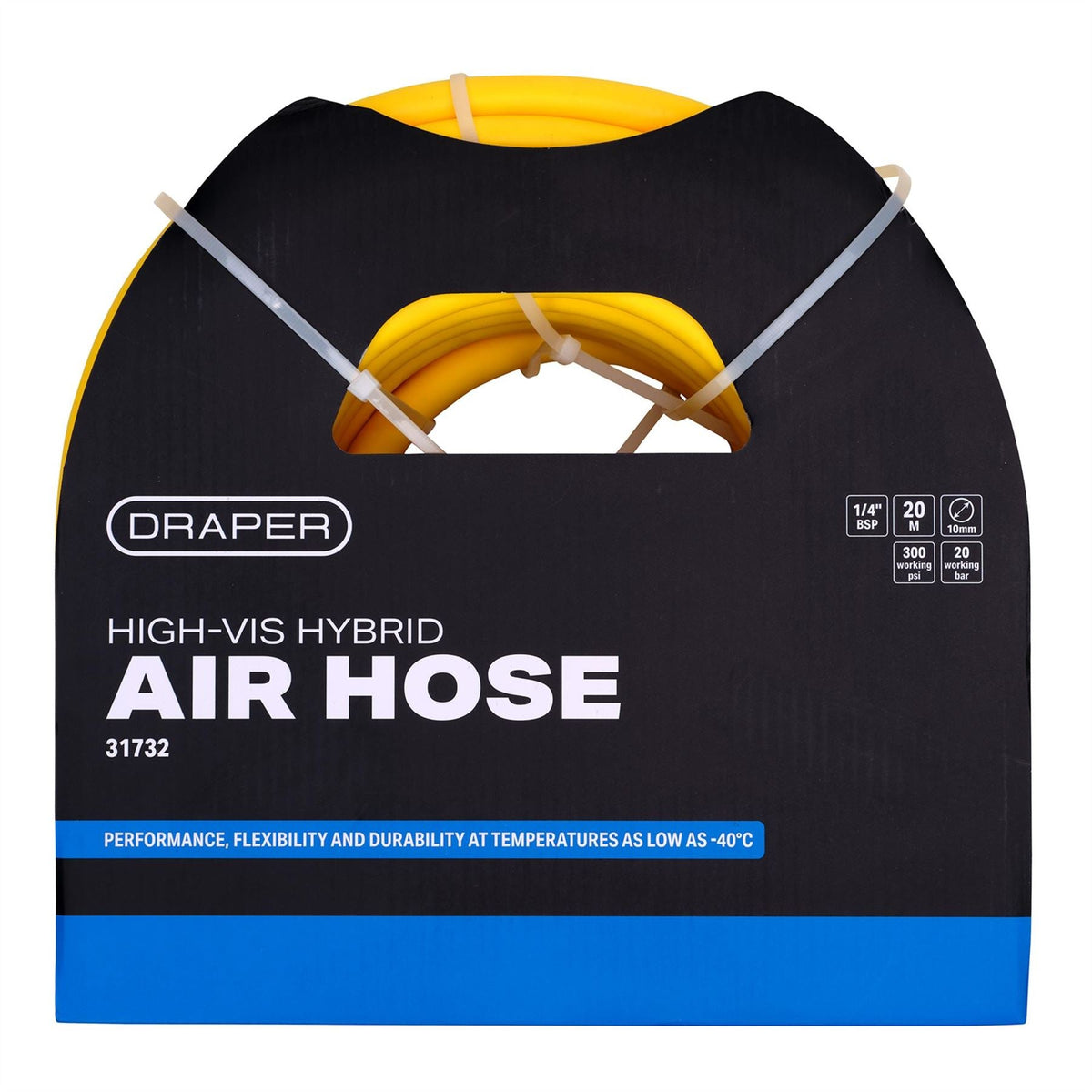Draper High Visibility Hybrid Air Hose 20m x 10mm 1/4" BSP Yellow 31732 White Rose Tools