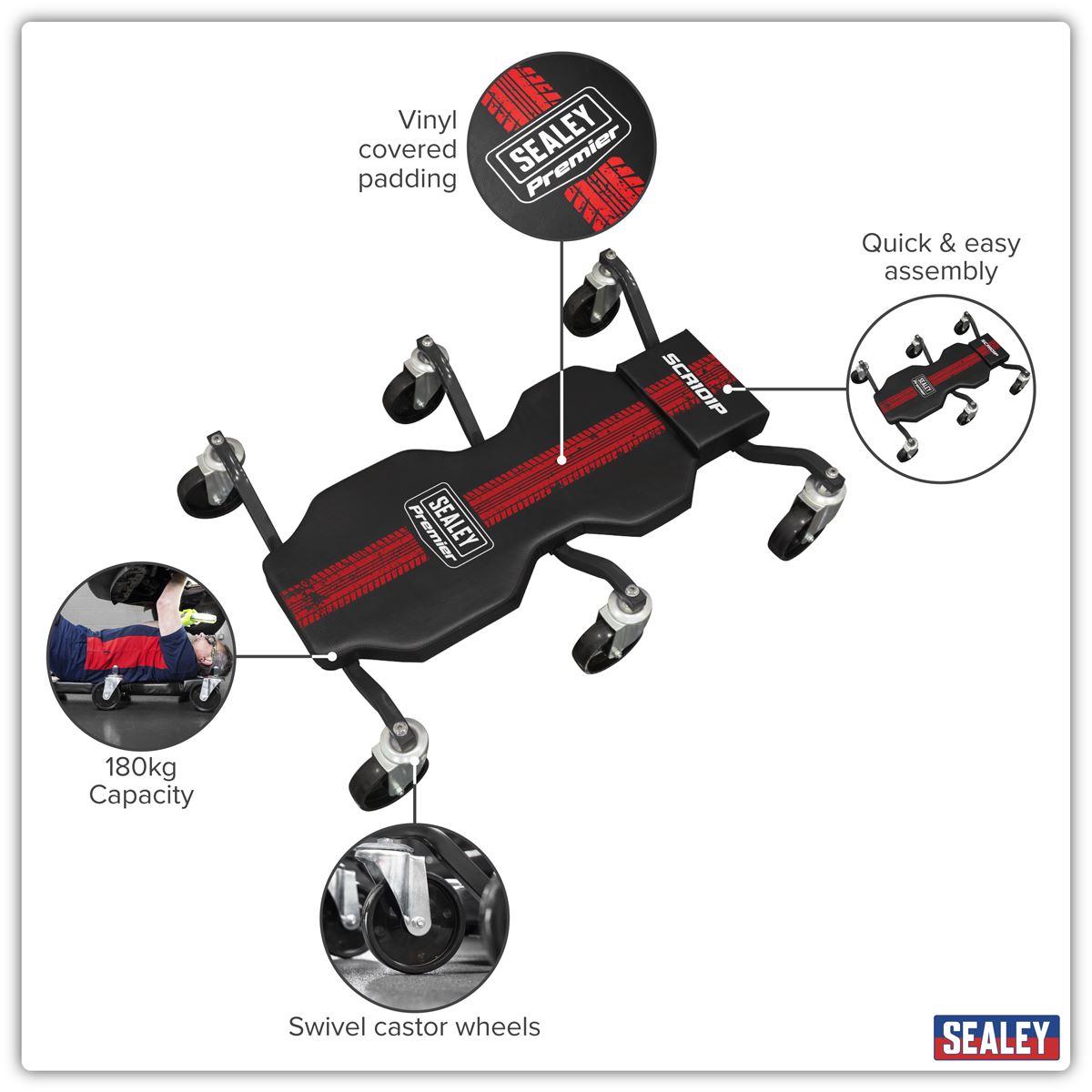 Sealey Steel Creeper with 6 Rough Ground 5" Wheels & Headrest