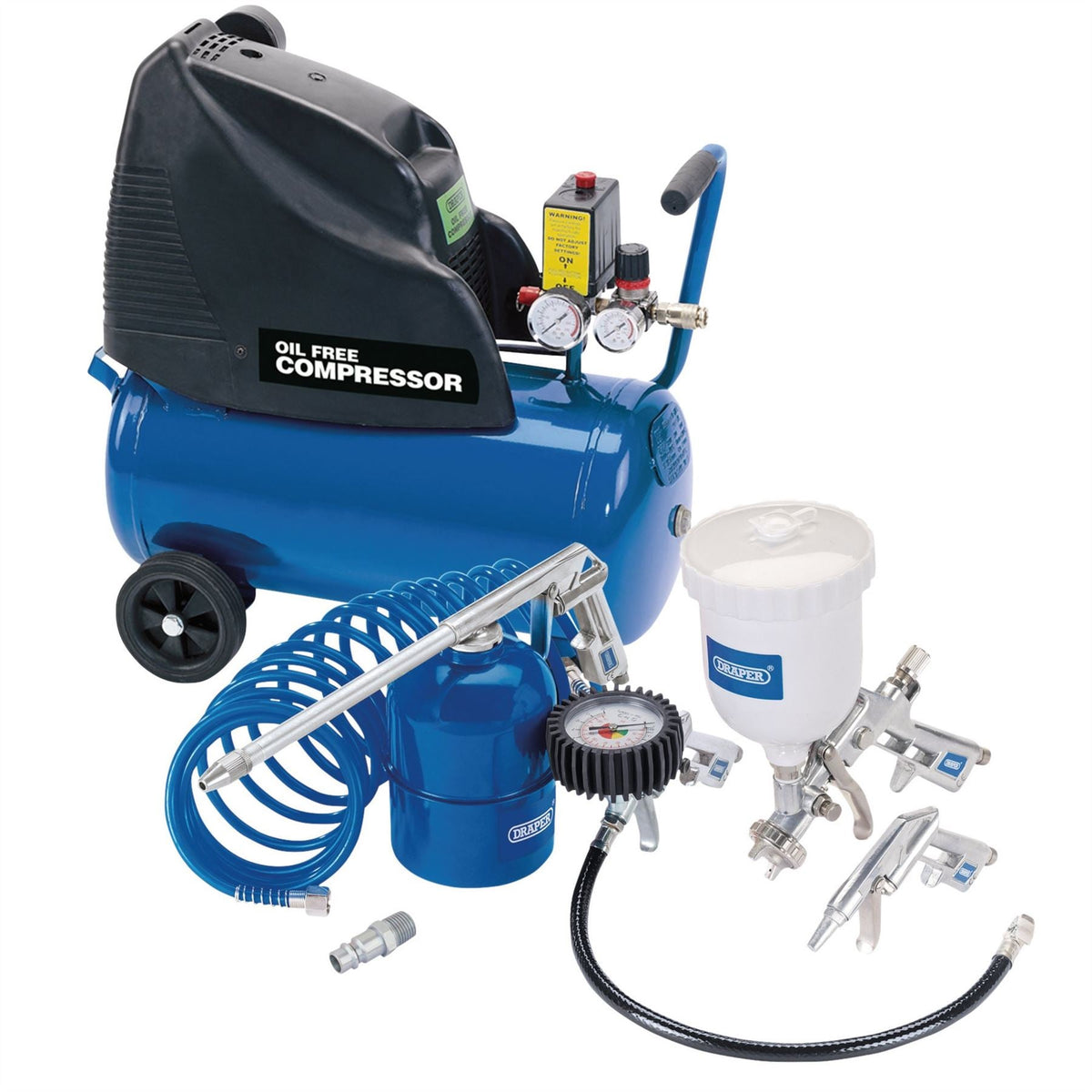 Draper Direct Drive Oil Free Air Compressor 24L 1.1kW/1.5hp and Air Tool Kit 25936 White Rose Tools