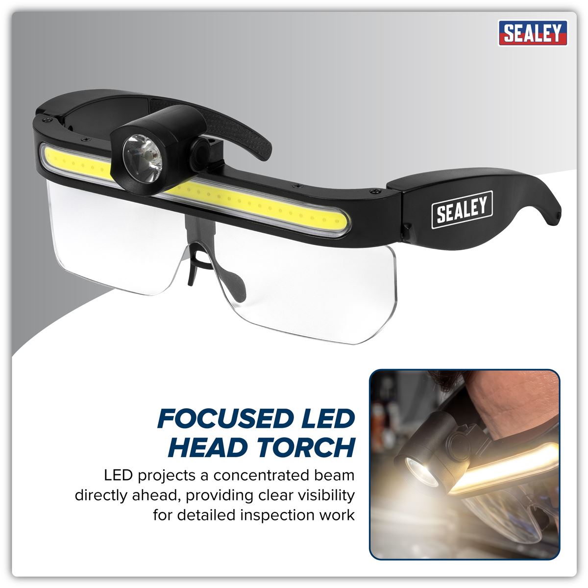 Sealey Rechargeable LED Head Torch Removable PC Lens 9W COB & 5W LED White Rose Tools