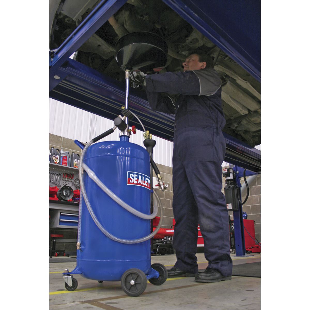 Sealey Mobile Oil Drainer with Probes 90L Air Discharge