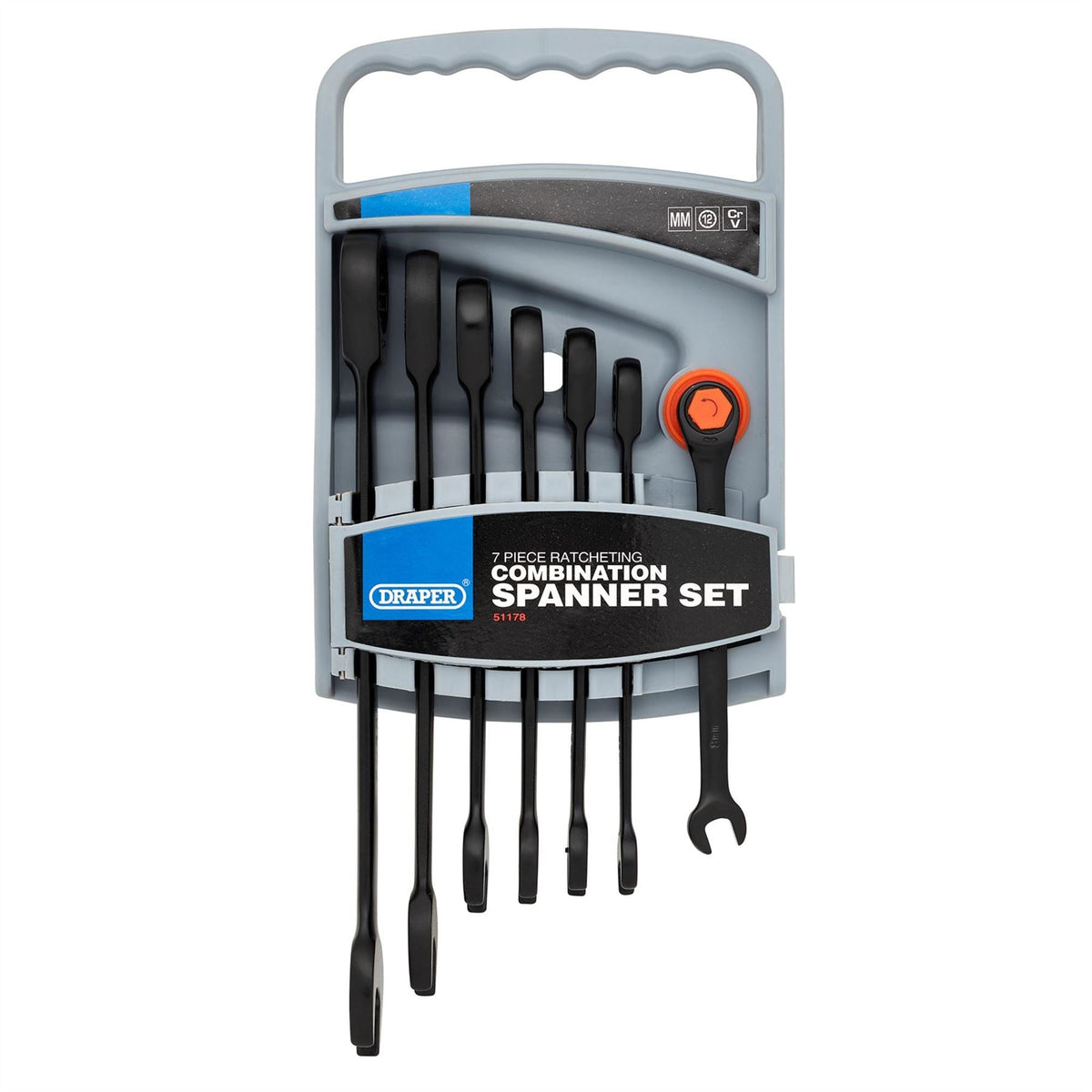 Draper HI-TORQ® Metric Ratcheting Combination Spanner Set Black (7 Piece) 51178 White Rose Tools