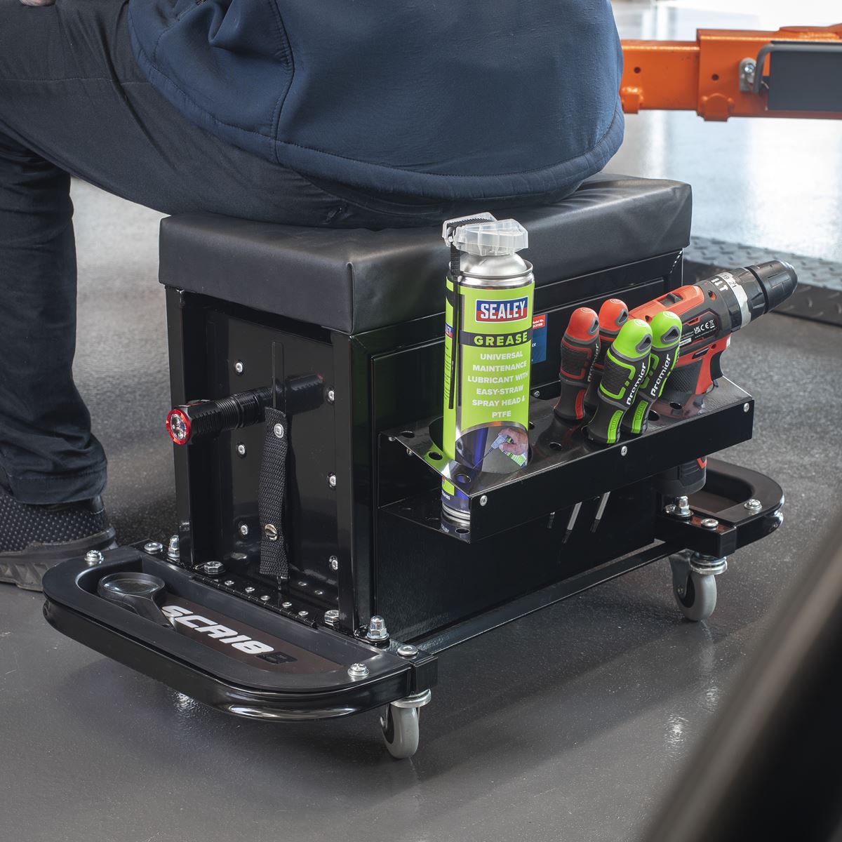 Sealey Mechanic's Utility Seat & Toolbox - Black - White Rose Tools
