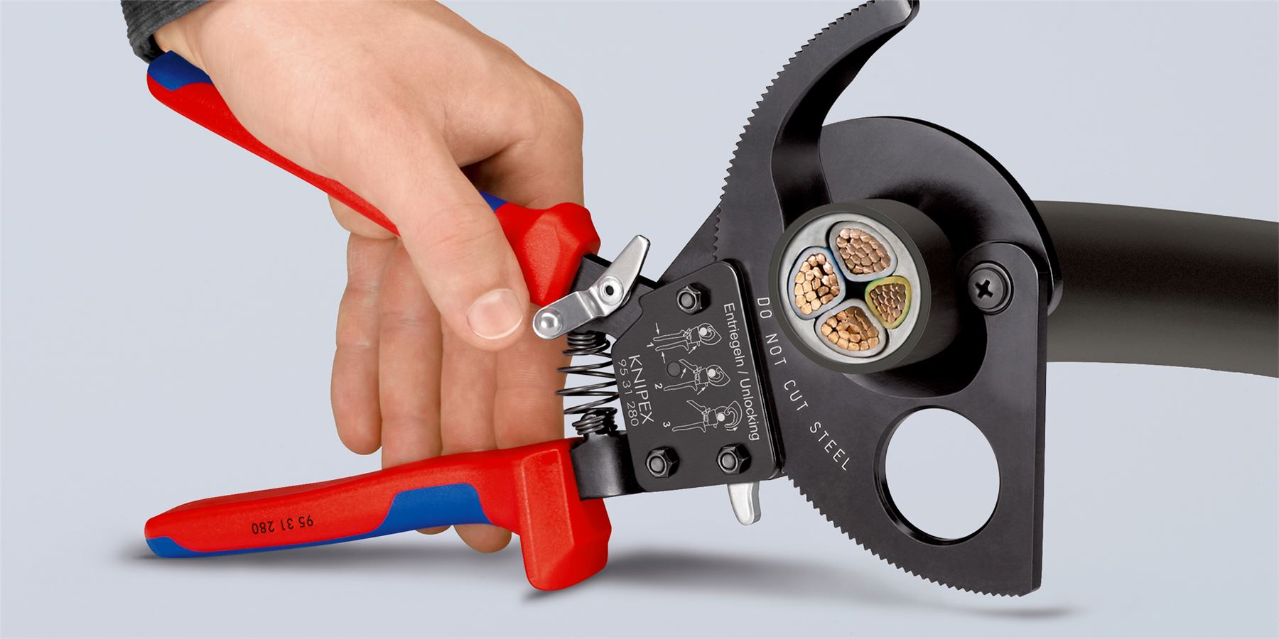KNIPEX Cable Cutter Ratchet Action 32mm Diameter Cutting Capacity 250mm Multi Component Grips 95 31 250 White Rose Tools