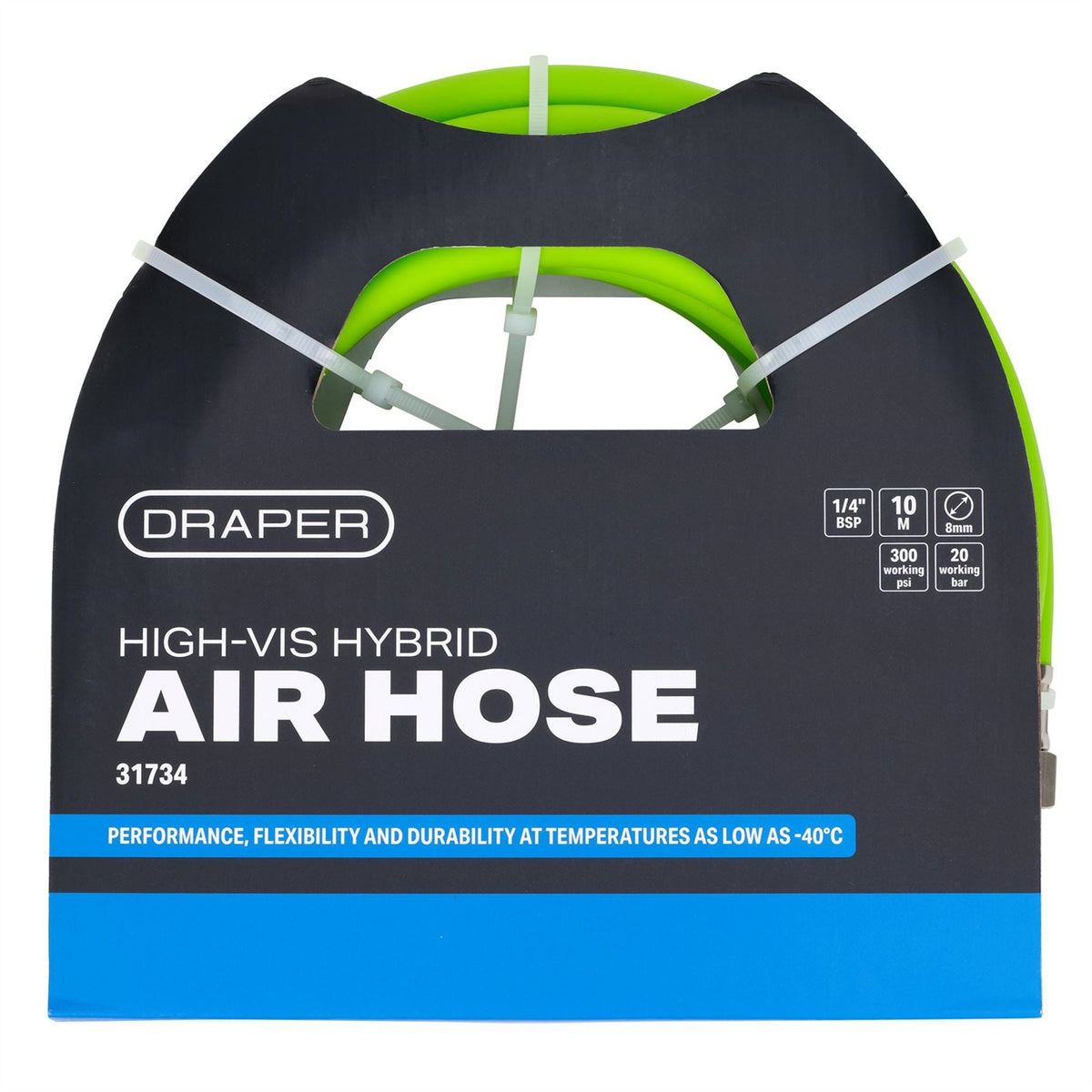 Draper High Visibility Hybrid Air Hose 10m x 8mm 1/4" BSP Green 31734 White Rose Tools