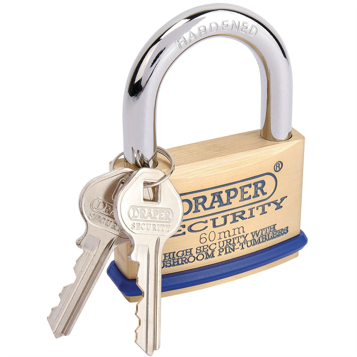 Draper Solid Brass Padlock and 2 Keys with Mushroom Pin Tumblers Hardened Steel Shackle and Bumper 60mm 64163 White Rose Tools
