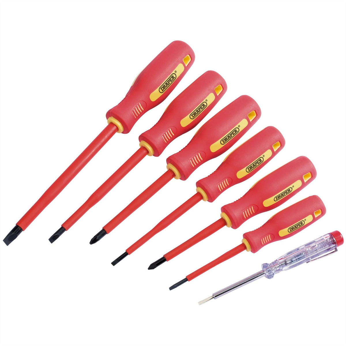 Draper Fully Insulated Screwdriver Set with Mains Tester (7 Piece) 46540 White Rose Tools