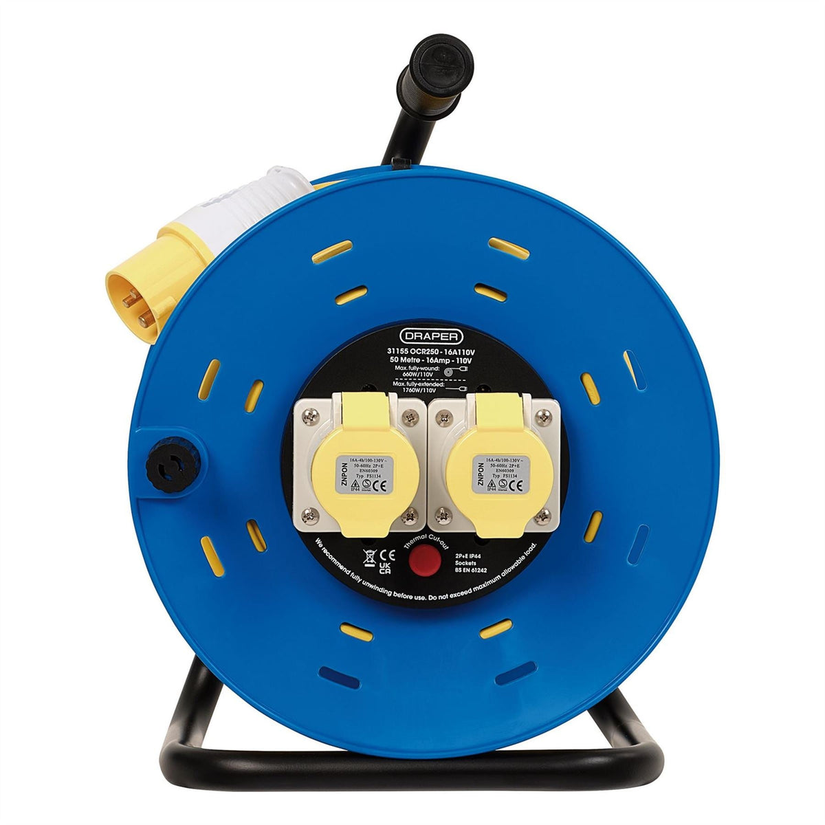 Draper 16A 110V 2 Socket Open Cable Reel 50m 31155 White Rose Tools