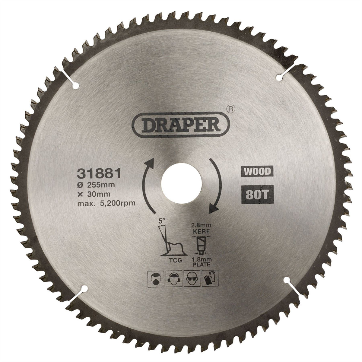 Draper TCT Triple Chip Grind Circular Saw Blade 255 x 30mm 80T 31881 White Rose Tools