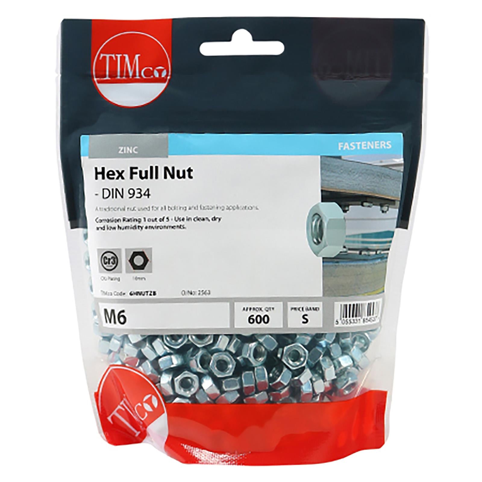 TIMCO Hex Full Nuts Zinc DIN934 M4-M20 Choose Size White Rose Tools