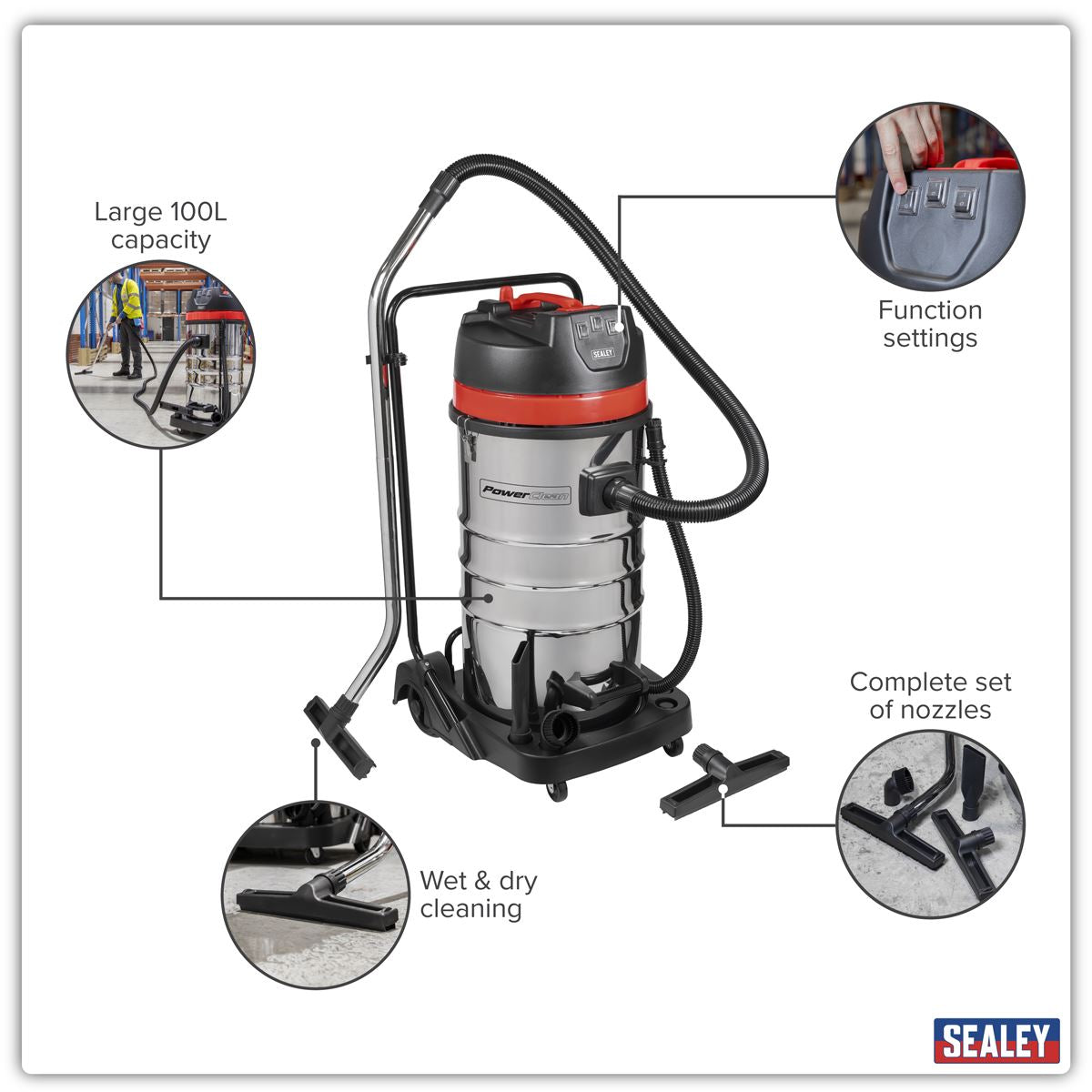 Sealey 100L Vacuum Cleaner Wet & Dry with Stainless Steel Drum 3000W/230V