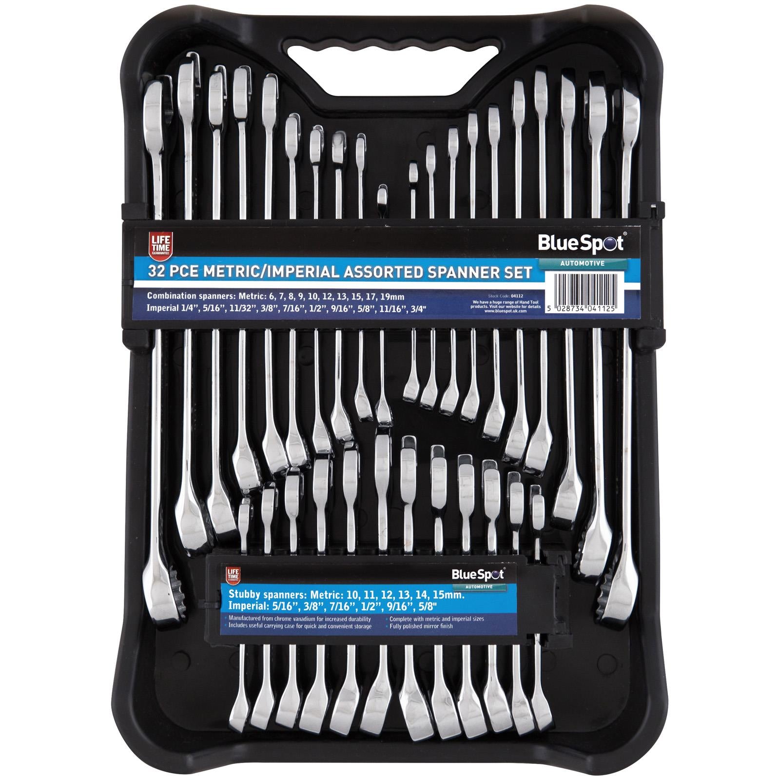 BlueSpot Assorted Spanner Set Metric Imperial 6-19mm 1/4"-5/8" 32 Piece