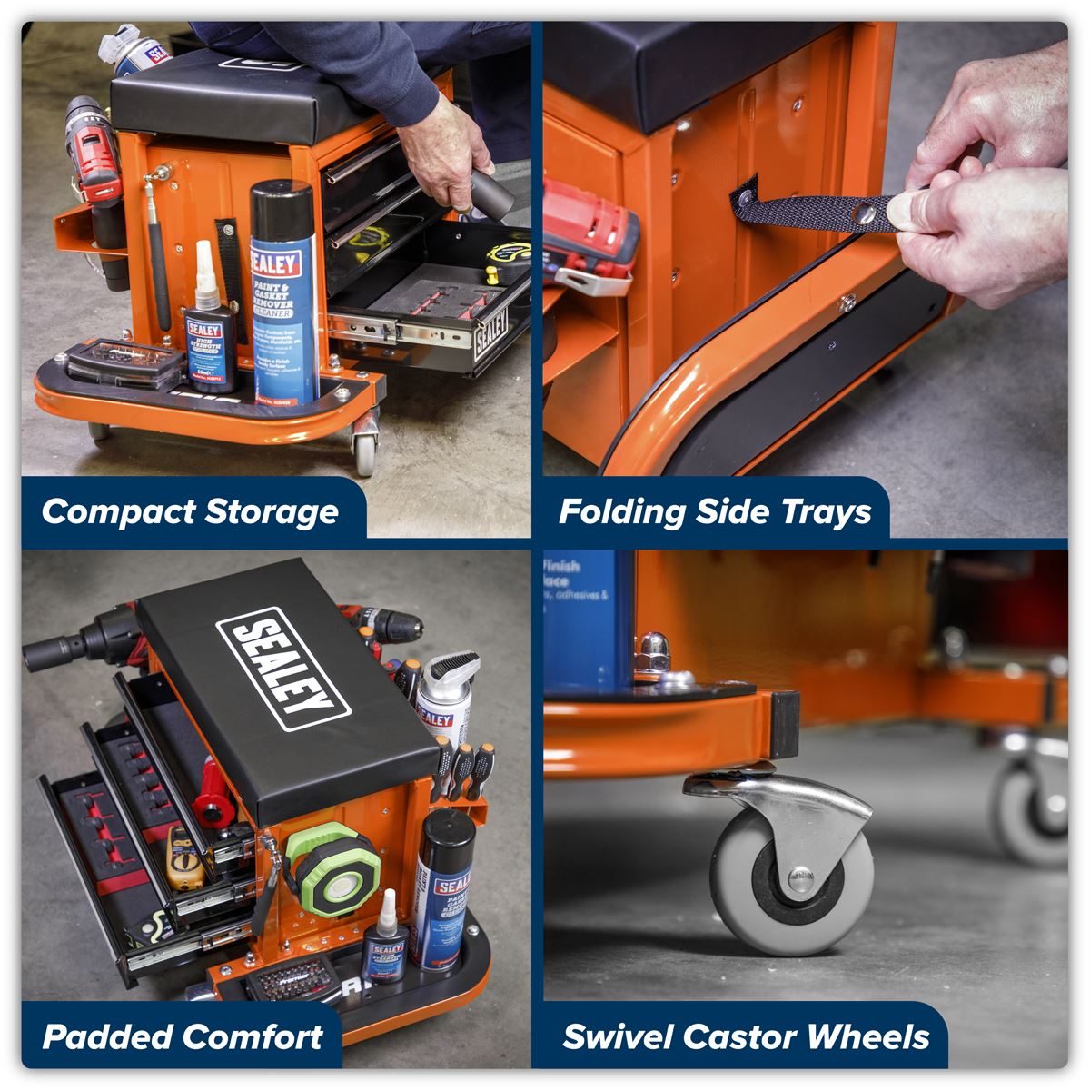 Sealey Mechanic's Utility Seat & Toolbox - Orange - White Rose Tools