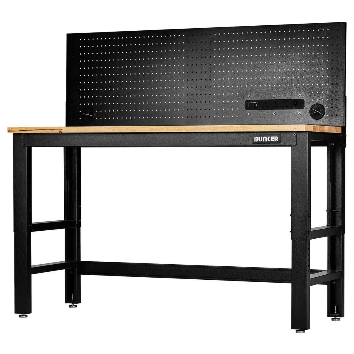 BUNKER Workbench with Hardwood Worktop and Power Pegboard 1550mm.. 28096 White Rose Tools