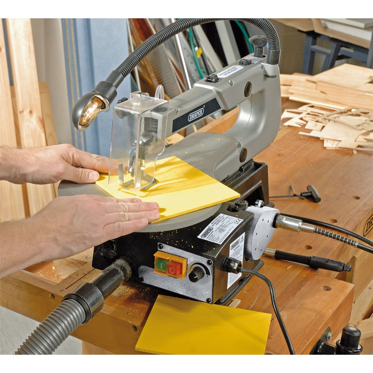 Draper Variable Speed Scroll Saw with Flexible Drive Shaft and Work light 405mm 90W 22791 White Rose Tools