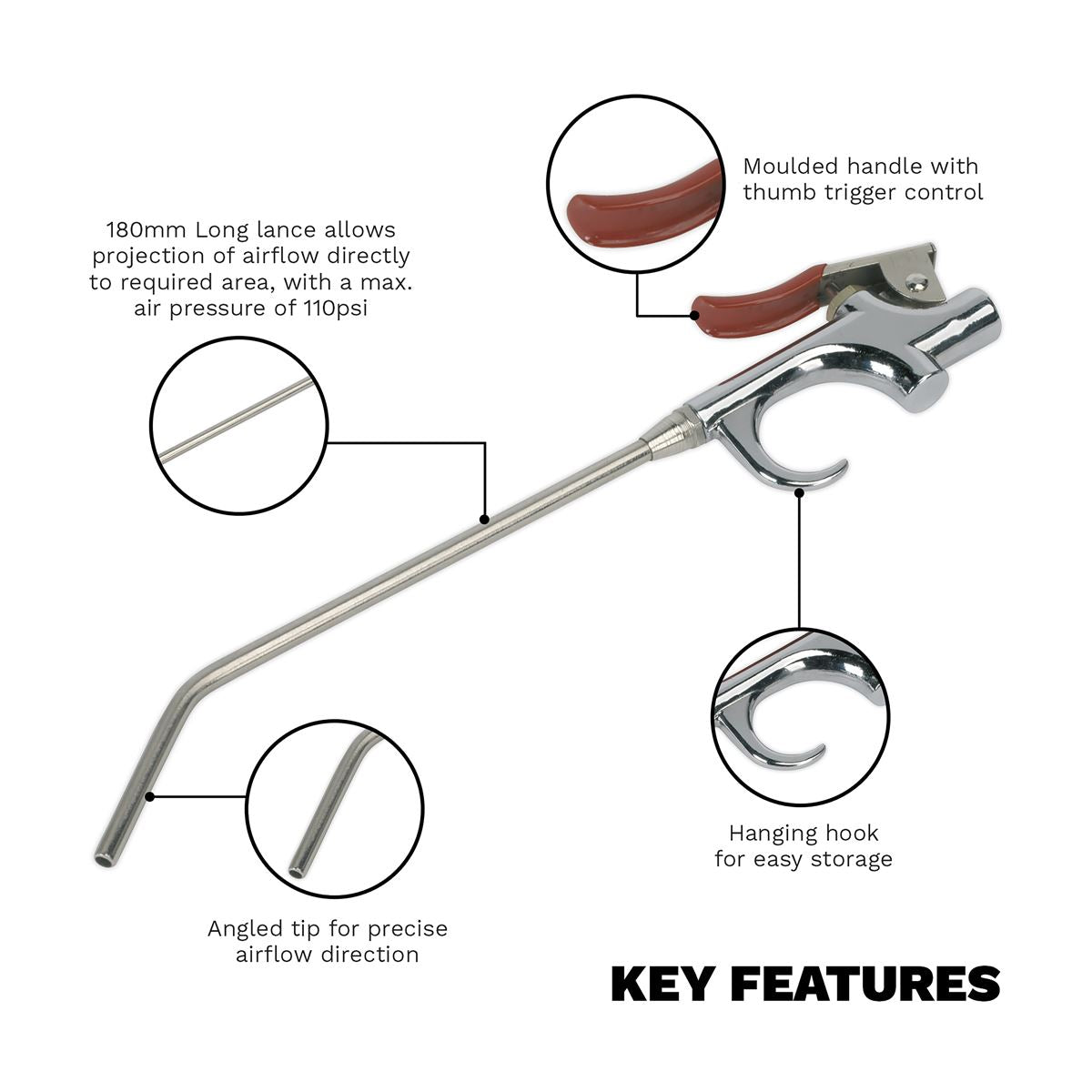 Sealey Air Blow Gun Palm Type 180mm with 1/4"BSP Air Inlet