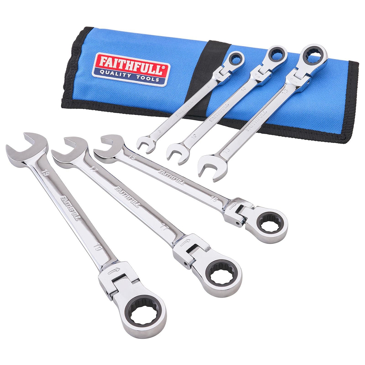 Faithfull 6 Piece Ratcheting Combination Spanner Set in Tool Roll FAISPARAT6SR White Rose Tools