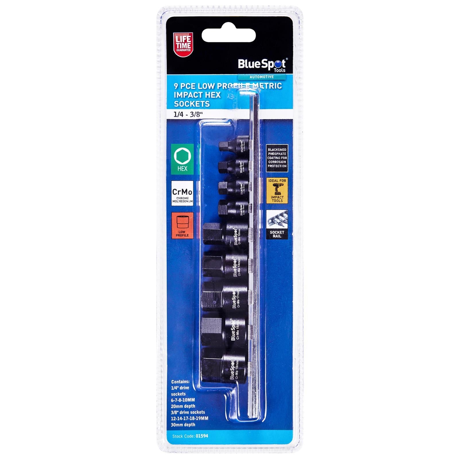 BlueSpot Impact Hex Socket Set Metric Low Profile on Socket Rail 9 Pieces 1/4" 3/8" Drive White Rose Tools