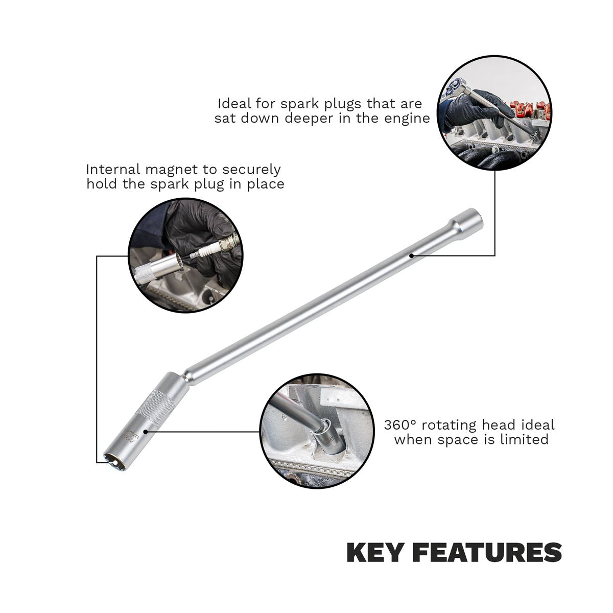 Sealey Spark Plug Socket with Universal Joint & Extension 3/8"Sq Drive 12-Point 14mm White Rose Tools