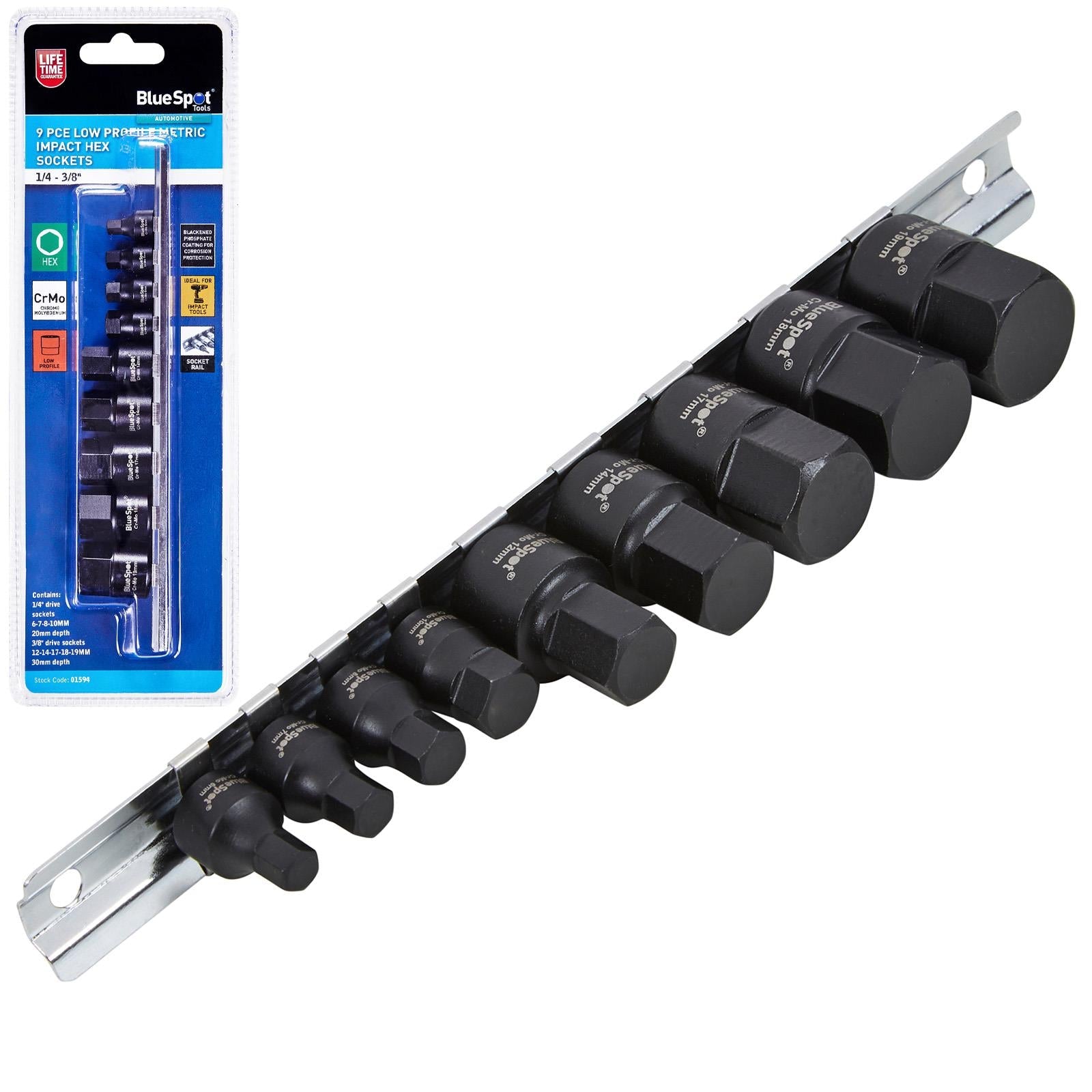 BlueSpot Impact Hex Socket Set Metric Low Profile on Socket Rail 9 Pieces 1/4" 3/8" Drive White Rose Tools