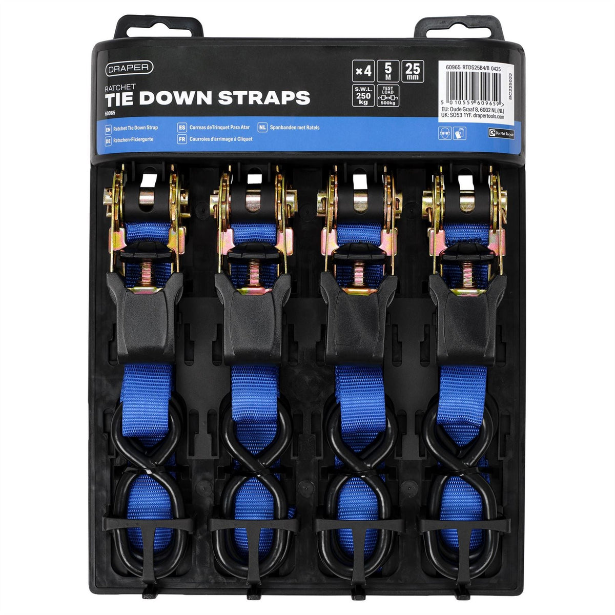 Draper Ratcheting Tie Down Straps 5m x 25mm 250kg (4 Piece) 60965 White Rose Tools
