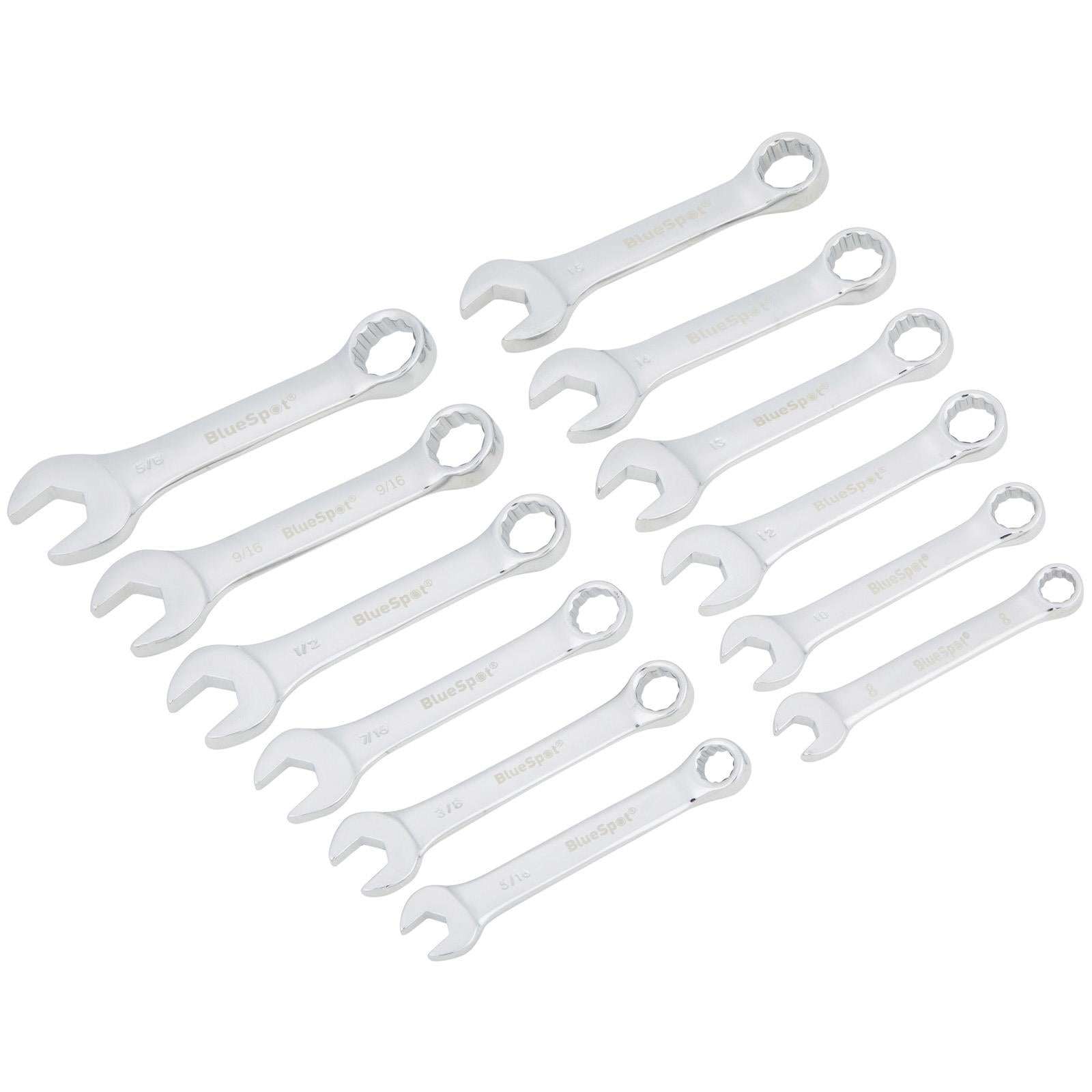 BlueSpot Stubby Combination Spanner Set Metric Imperial 8-15mm 5/16"-5/8" 12 Piece