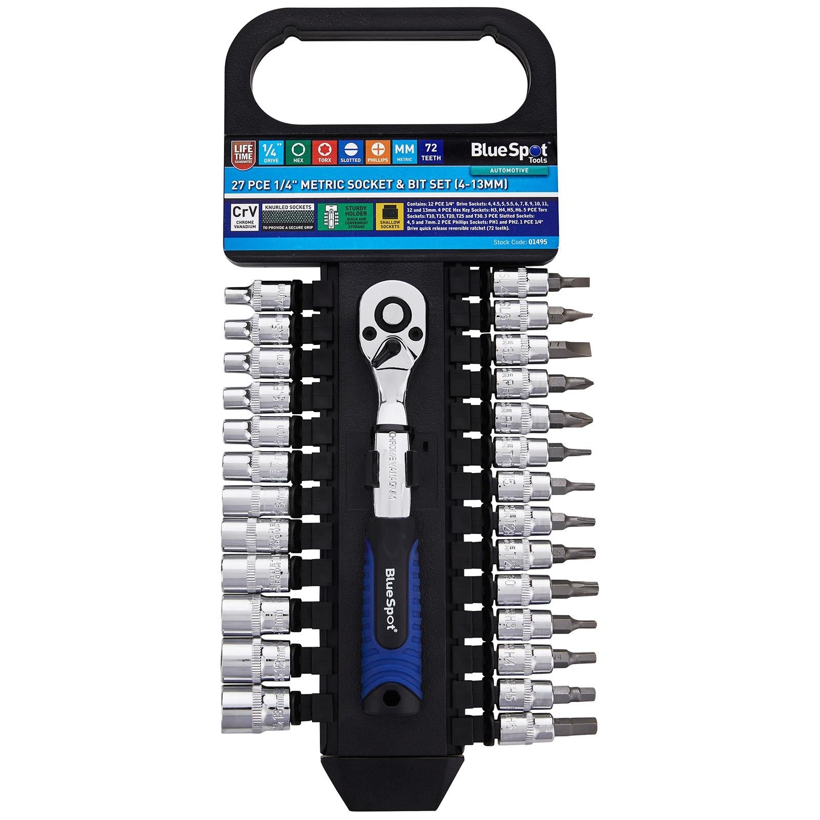 BlueSpot Socket Set and Bit Set with Ratchet Handle 1/4" Drive 4-13mm 27 Piece White Rose Tools