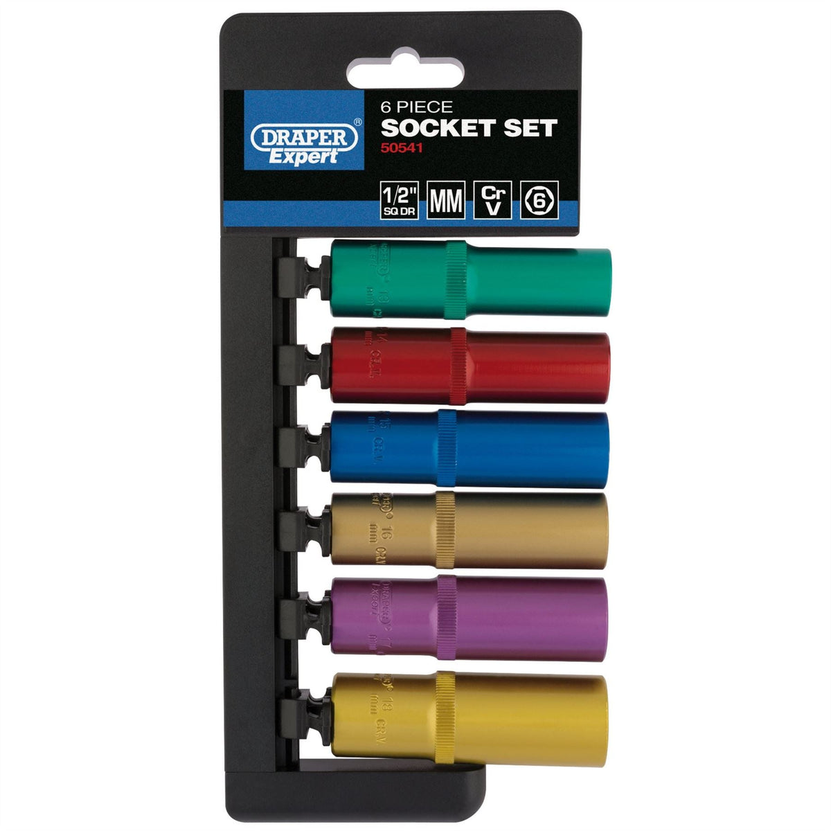 Draper Expert Metric Coloured Deep Socket Set 1/2" Sq. Dr. (6 Piece) 50541 White Rose Tools