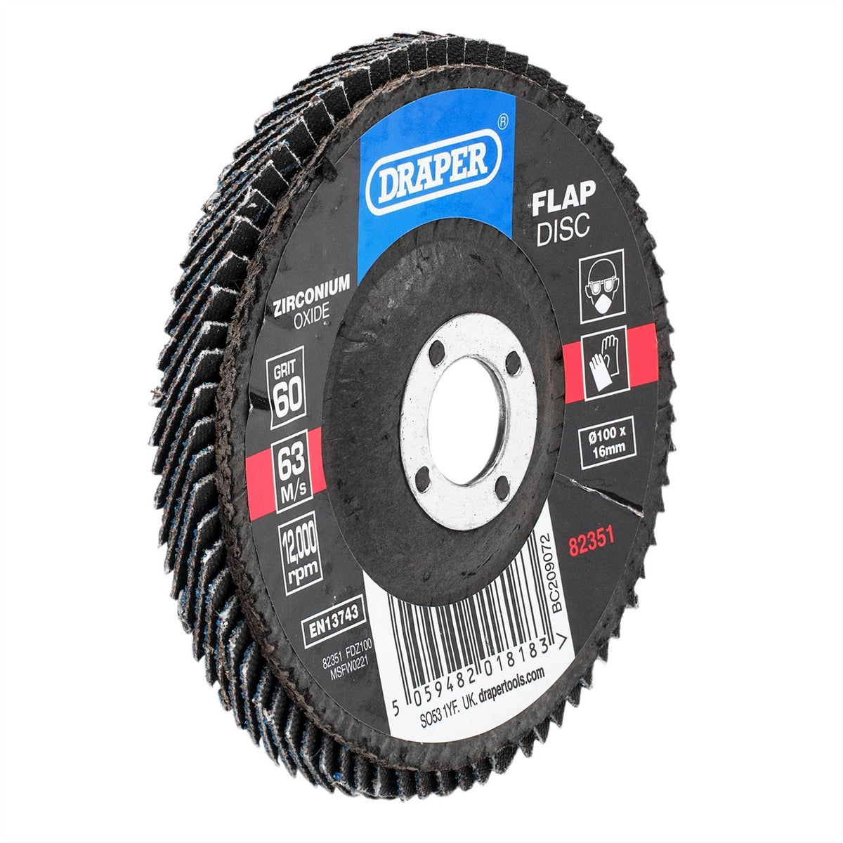 Draper Zirconium Oxide Flap Disc 100 x 16mm 60 Grit 82351 White Rose Tools