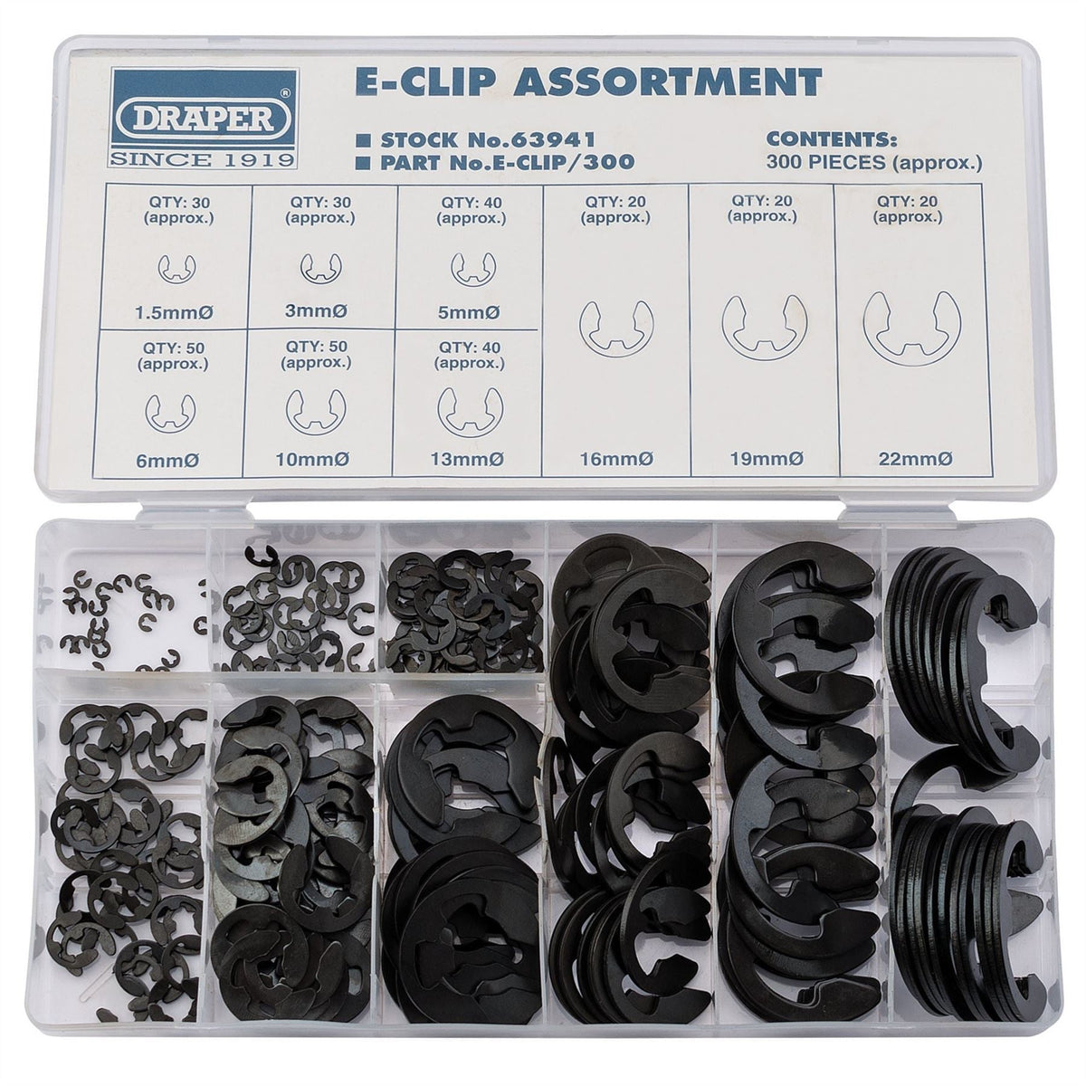 Draper E-Clip Assortment (300 Piece) 63941 White Rose Tools