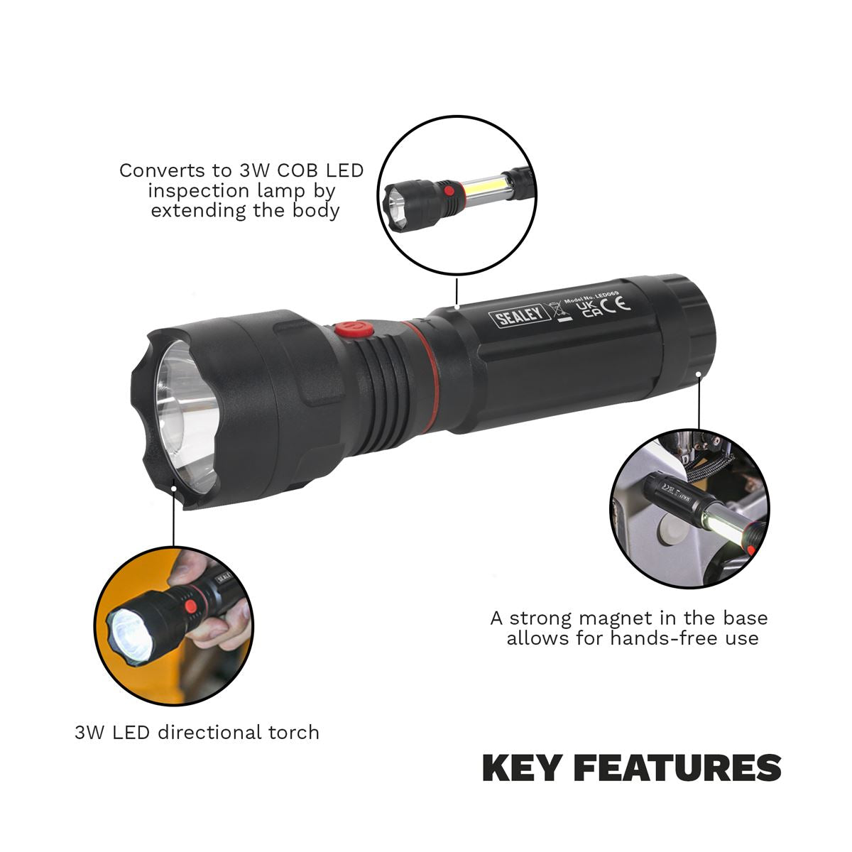 Sealey Torch/Inspection Light 3W COB & 3W LED 4 x AAA Cell