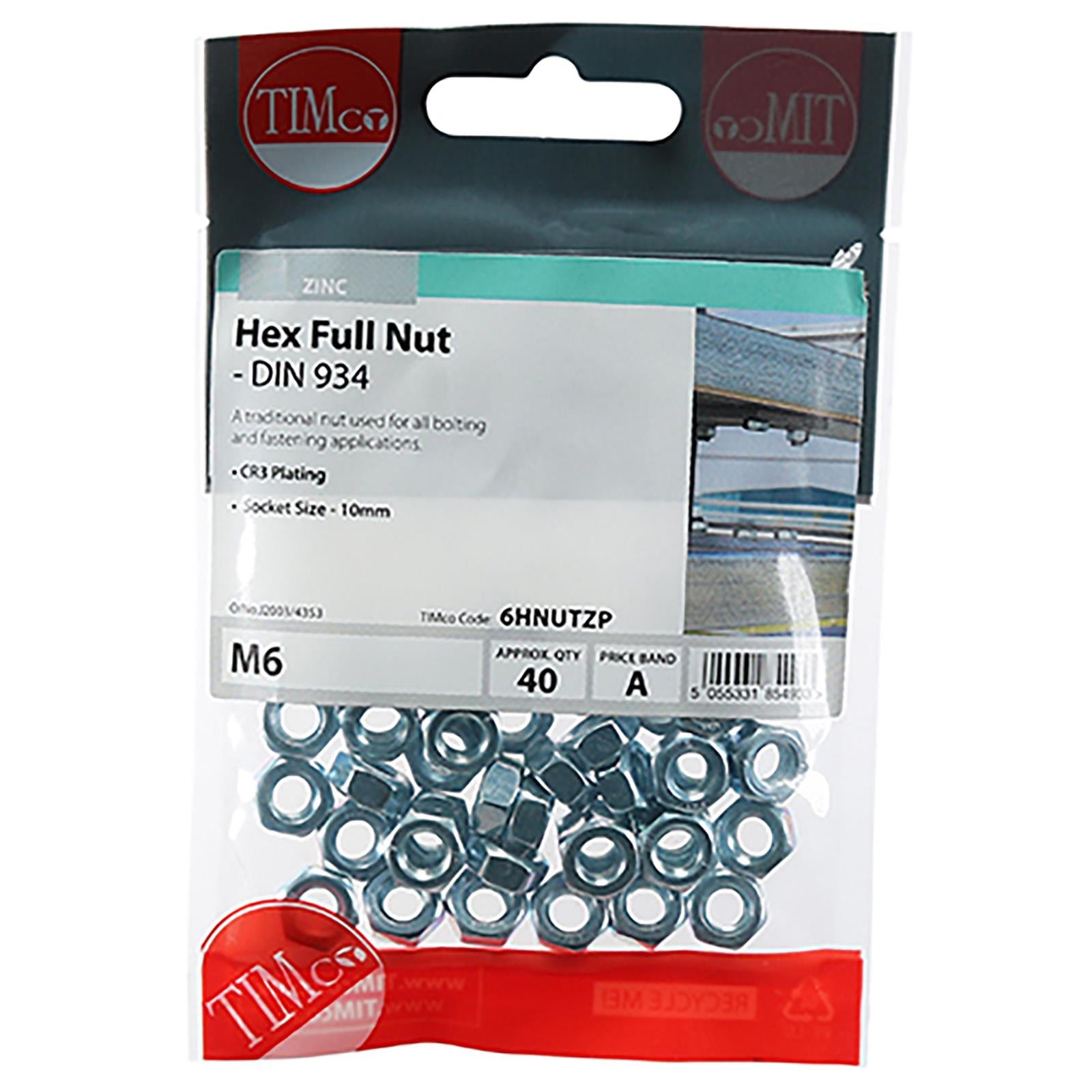TIMCO Hex Full Nuts Zinc DIN934 M4-M20 Choose Size White Rose Tools