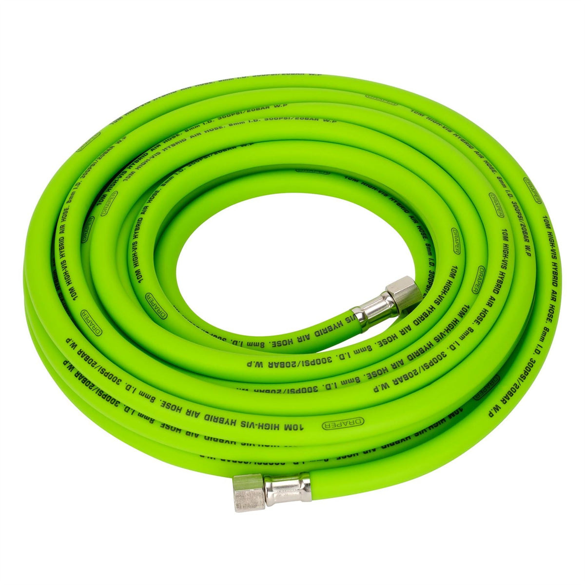 Draper High Visibility Hybrid Air Hose 10m x 8mm 1/4" BSP Green 31734 White Rose Tools