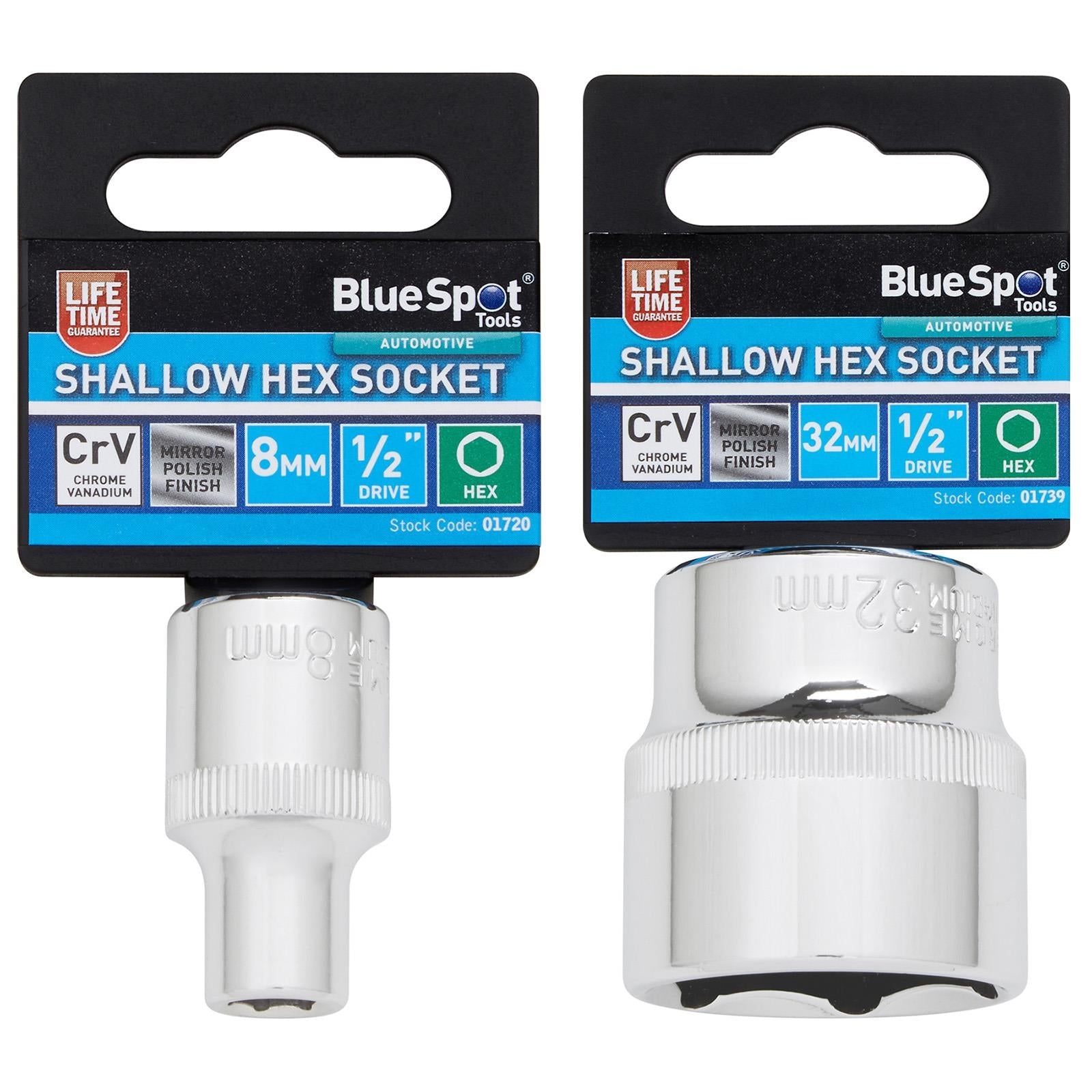 BlueSpot Shallow Socket 1/2" Drive 6 Point Hex Chrome Individual 8-32mm - Choose Size White Rose Tools