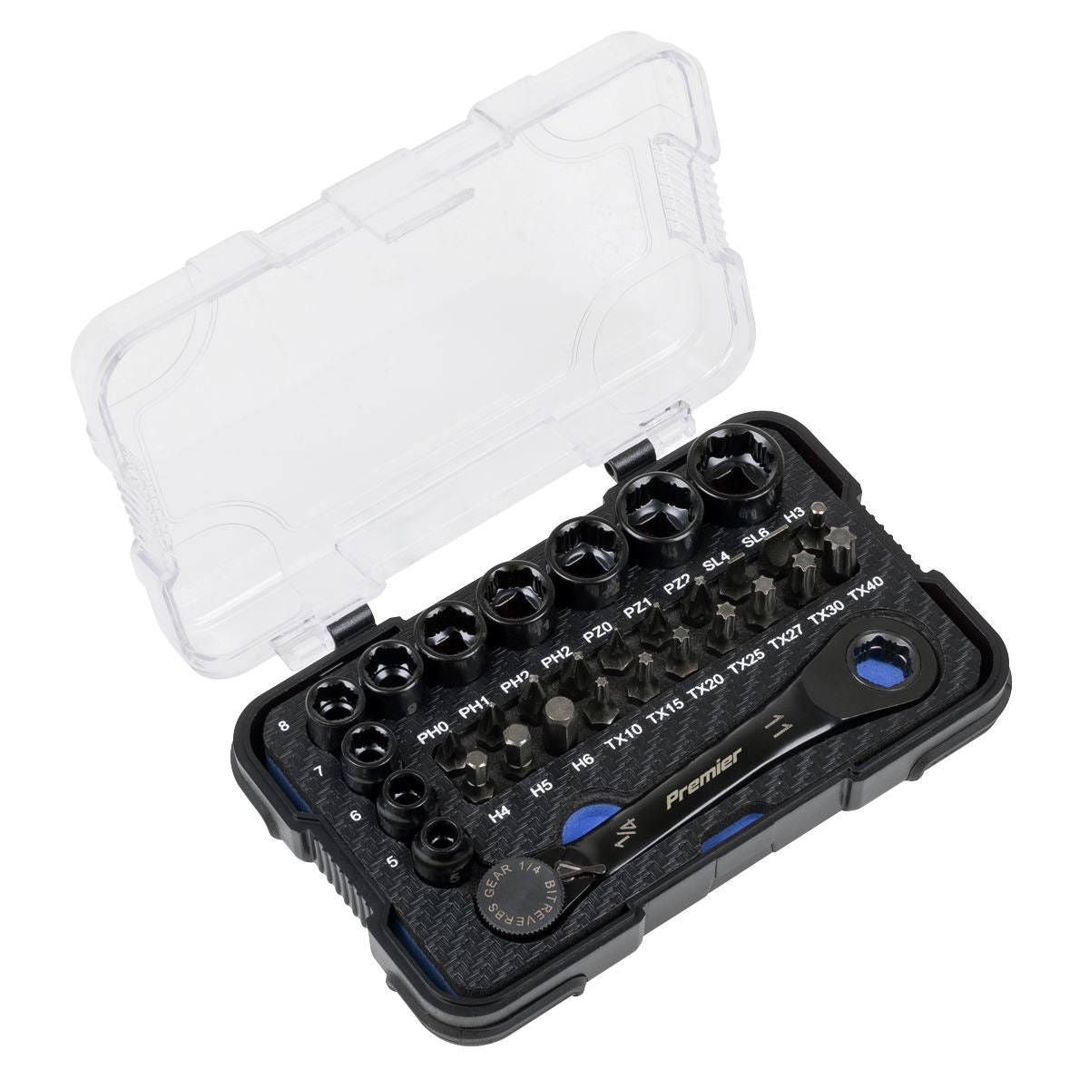 Sealey Premier Black Premier Black Go-Through Lock-On™ Low Profile Socket & Bit Set 1/4"Sq Drive 31pc White Rose Tools