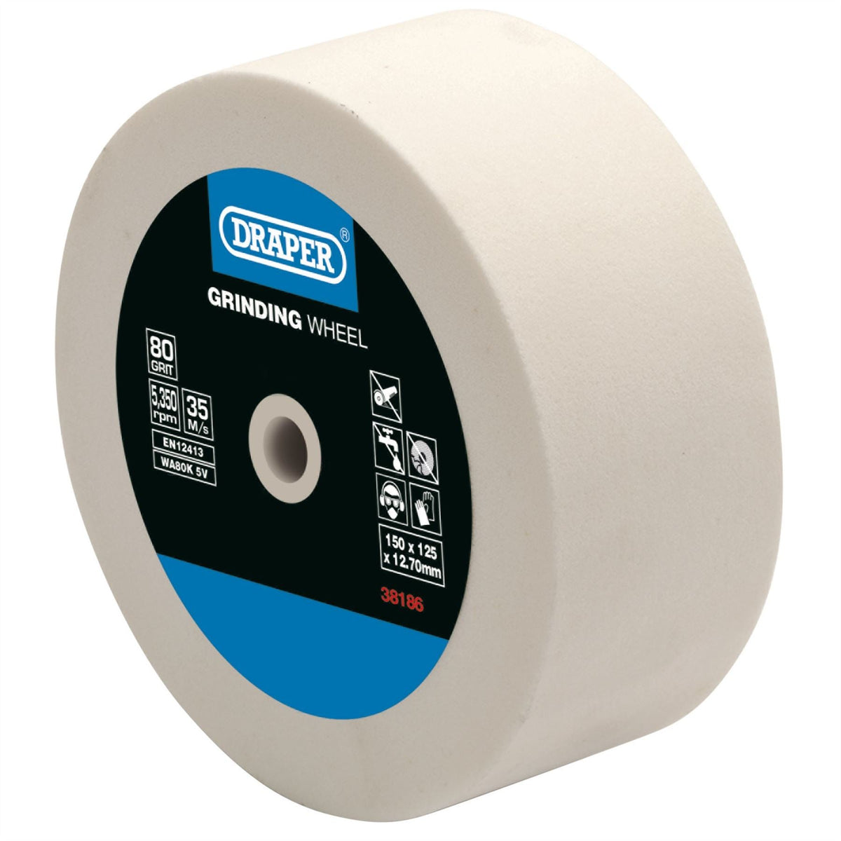 Draper Aluminium Oxide Bench Grinding Wheel 125 x 50mm 80 Grit White 38186 White Rose Tools
