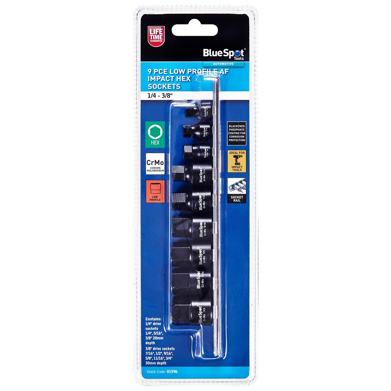 BlueSpot Impact Hex Socket Set Imperial AF Low Profile on Socket Rail 9 Pieces 1/4" 3/8" Drive White Rose Tools