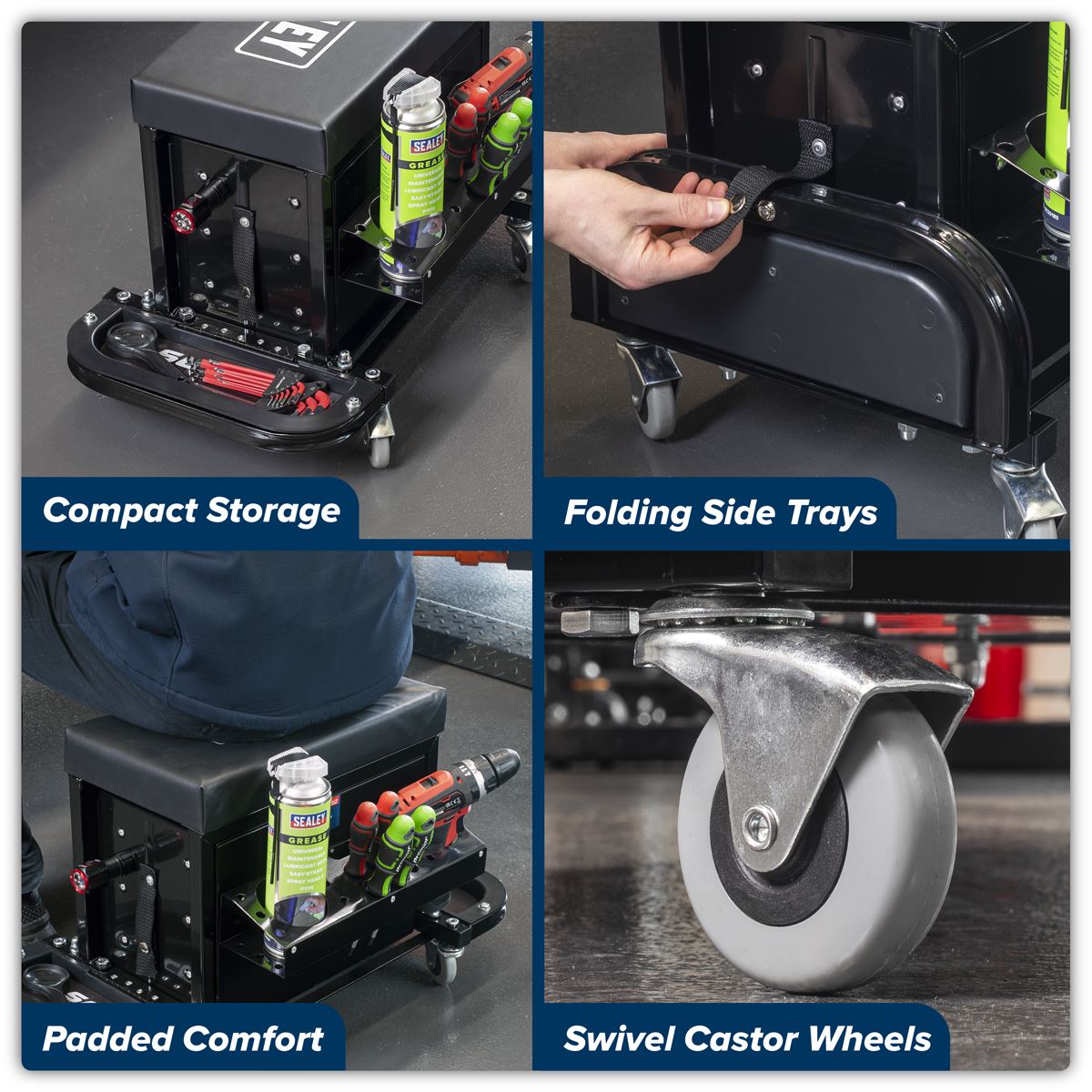 Sealey Mechanic's Utility Seat & Toolbox - Black - White Rose Tools