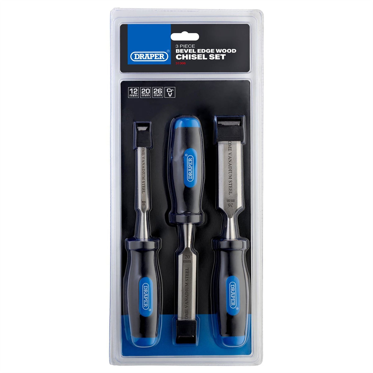Draper Soft Grip Bevel Edge Wood Chisel Set (3 Piece) 31306 White Rose Tools