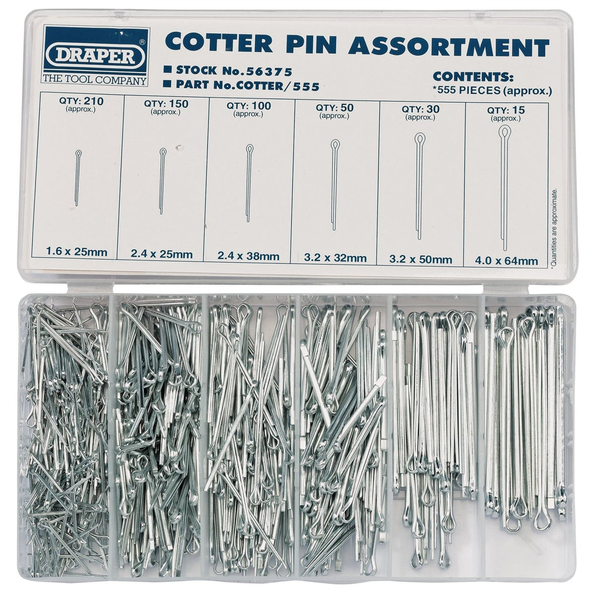 Draper Split Pin Assortment (555 Piece) 56375 White Rose Tools