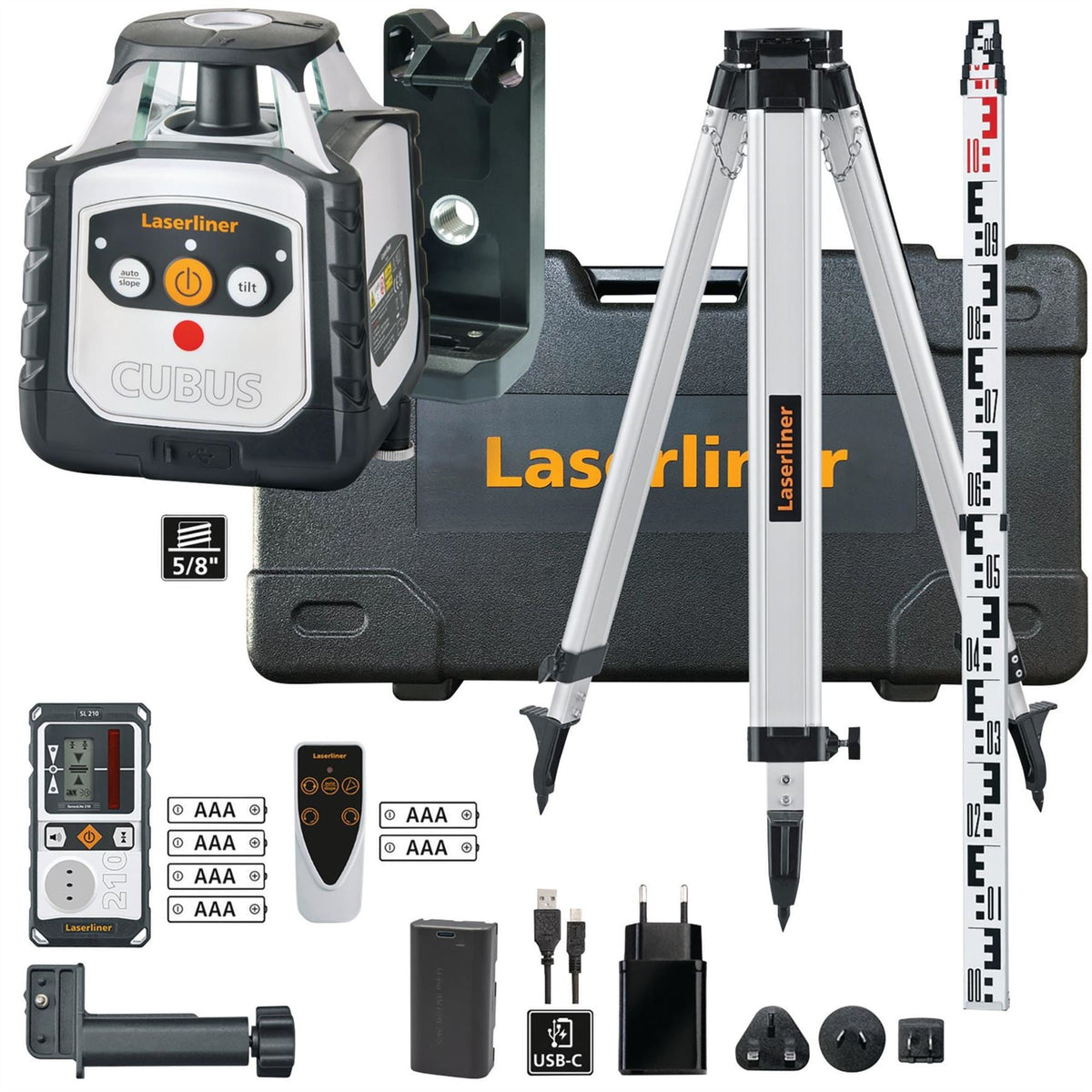 Laserliner 052.205A Cubus 210 S Set Rotary Laser Kit 1500mm 32170 White Rose Tools