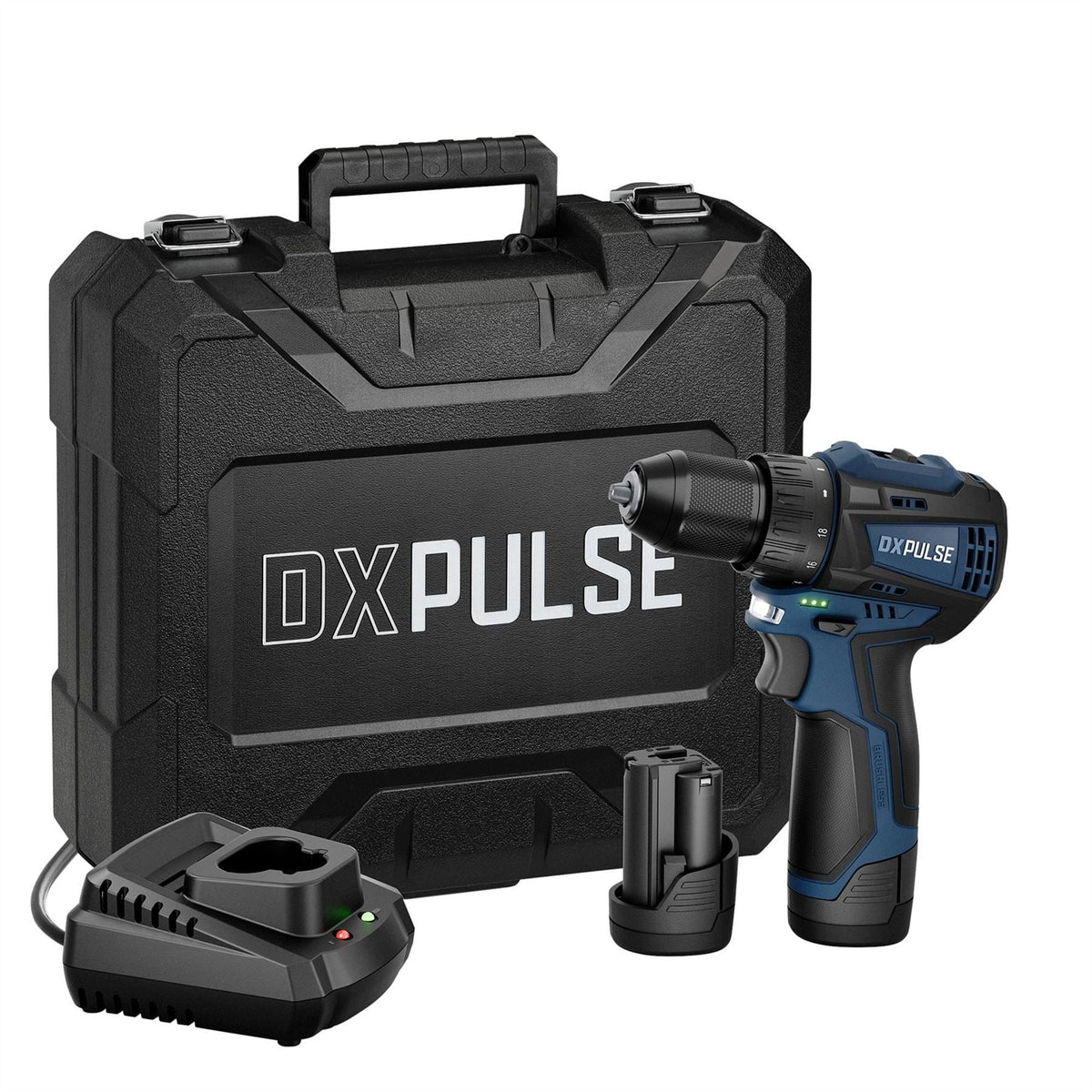 Draper DXPULSE 12V Brushless Drill Driver Kit 2 x 2.0Ah Batteries 1 x Charger 27917 White Rose Tools