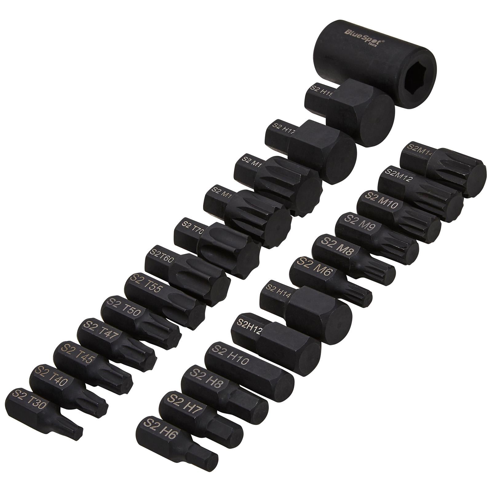 BlueSpot Impact Bit Set 1/2" Drive Hex 6-19mm Torx T30-T70 Spline M6-M18 25 Piece White Rose Tools