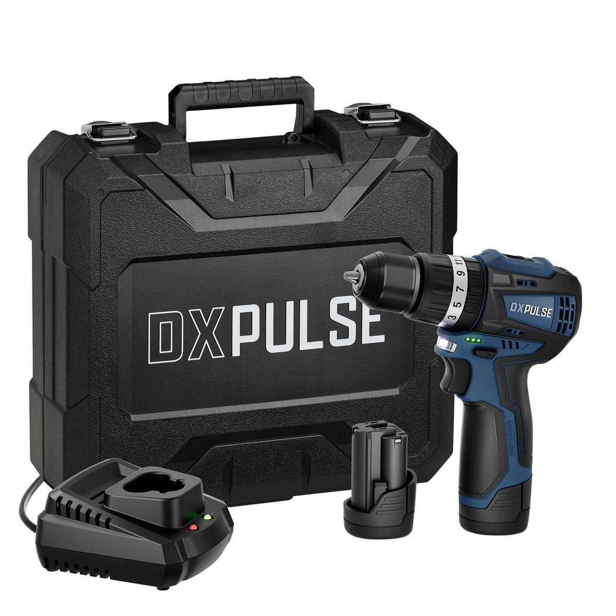 Draper DXPULSE 12V Brushless Combi Drill Kit 2 x 2.0Ah Batteries 1 x Charger 27879 White Rose Tools