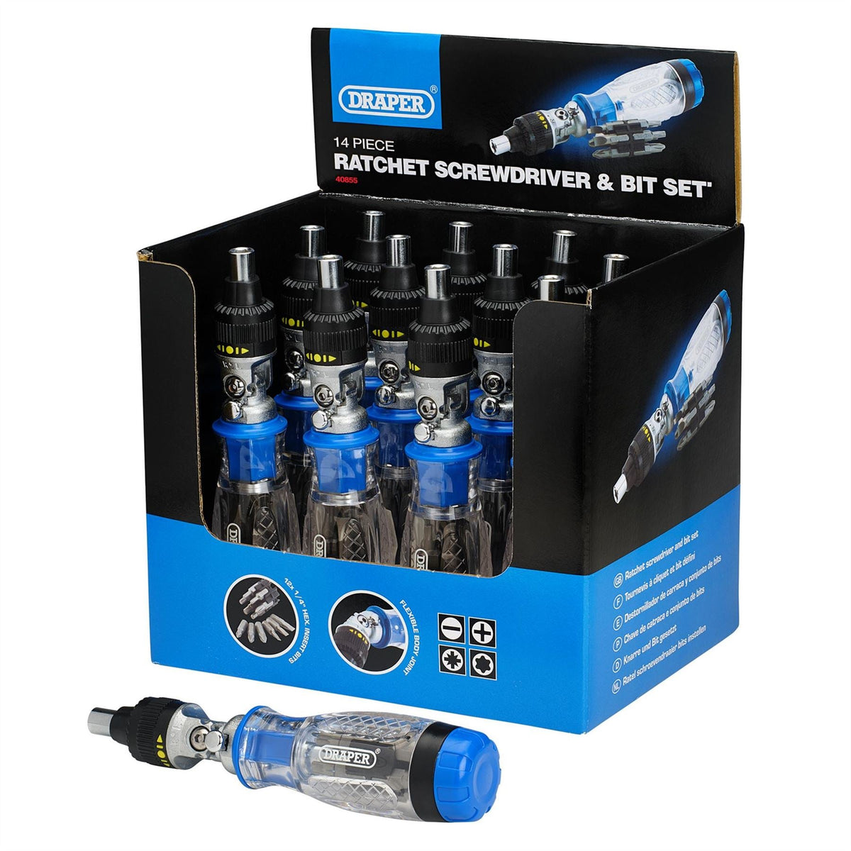 Draper Ratcheting Screwdriver and Bit Set (14 Piece) 40855 White Rose Tools