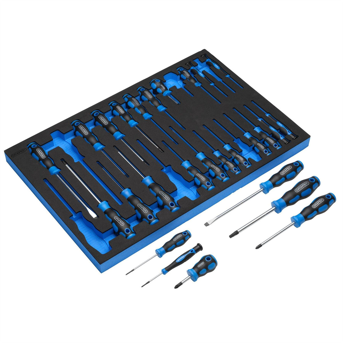 Draper Soft Grip Screwdriver Set in Full Drawer EVA Insert Tray (27 Piece) 63406 White Rose Tools