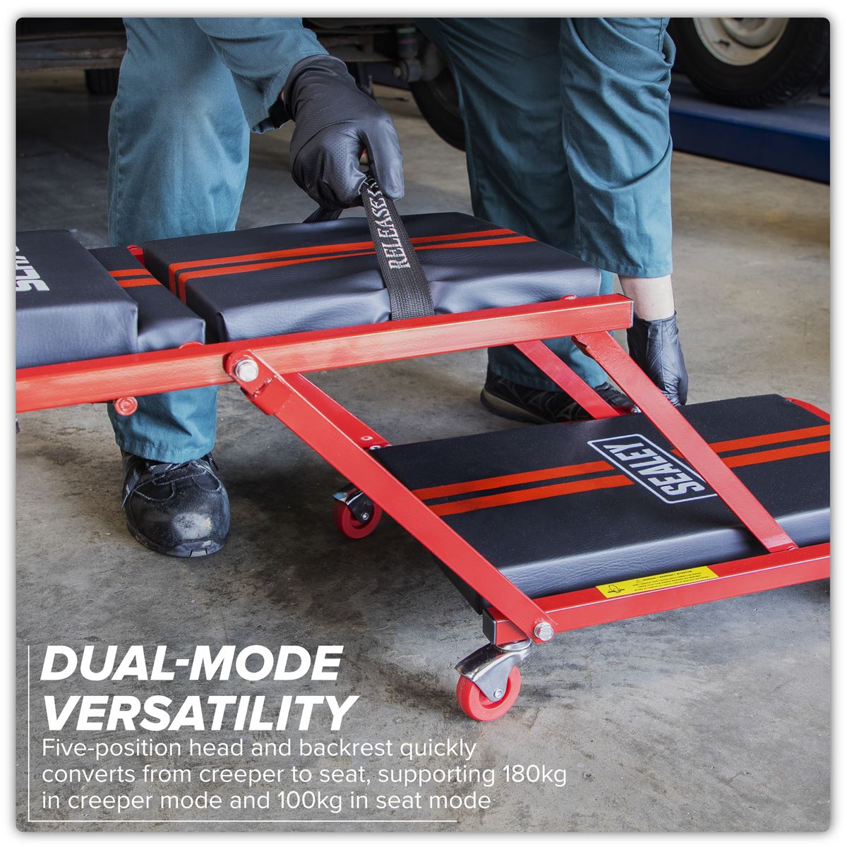 Sealey Steel Creeper/Seat with 7 Wheels & Adjustable Head Rest