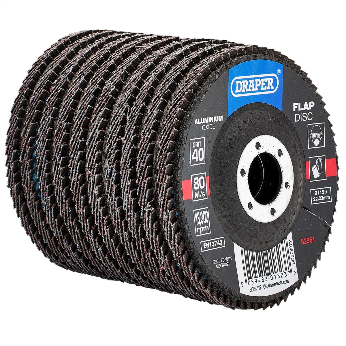 Draper Aluminium Oxide Flap Discs 115 x 22.23mm 40 Grit (Pack of 10) 82961 White Rose Tools