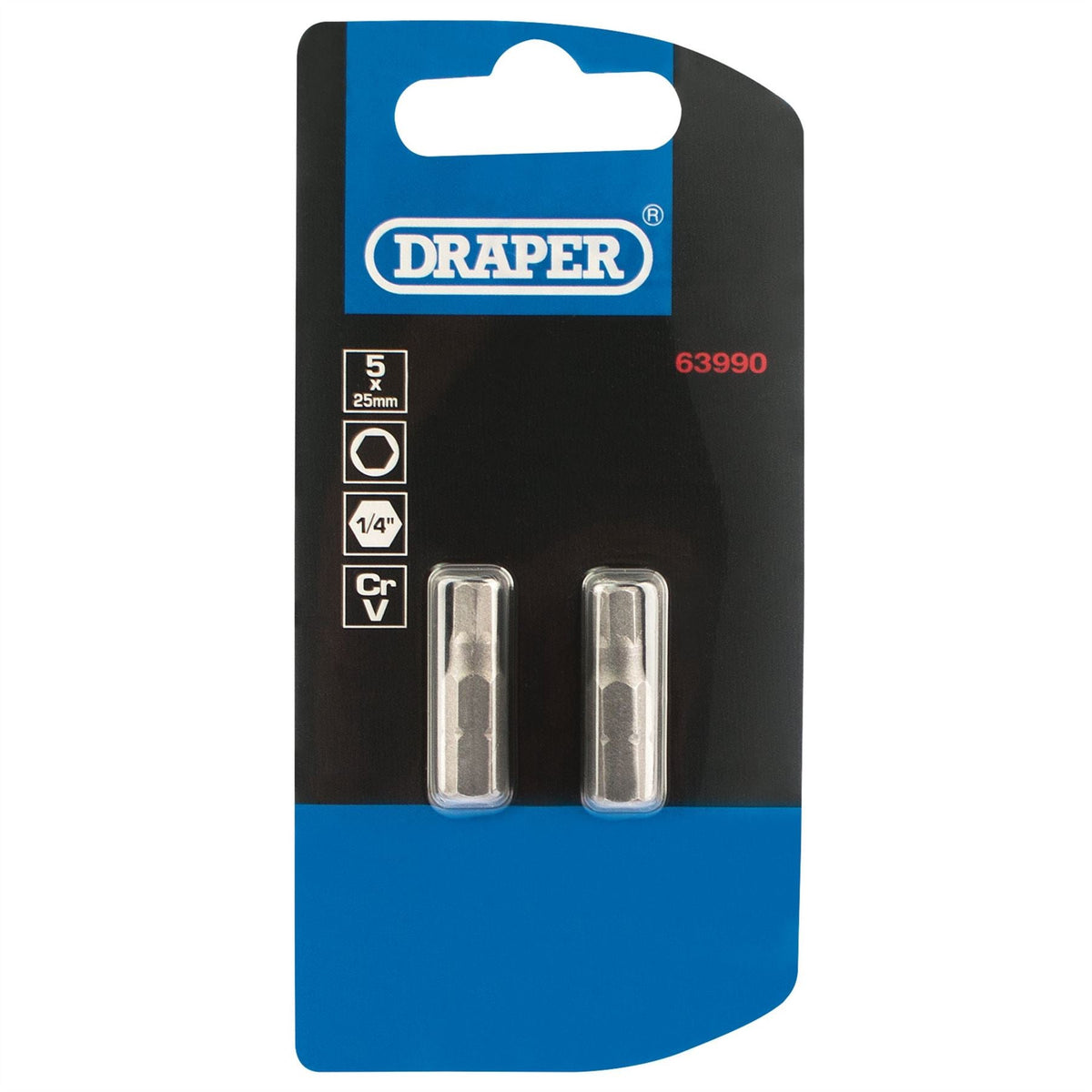 Draper Hexagonal Insert Bit 5mm 1/4" Hex 25mm Long (Pack of 2) 63990 White Rose Tools