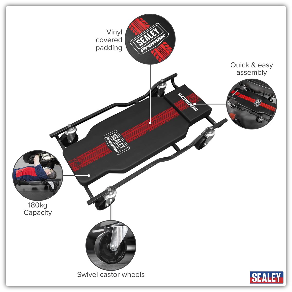 Sealey Steel Creeper with 4 Rough Ground Wheels